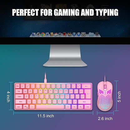 RedThunder 60% Gaming Keyboard and Mouse Combo, Ultra-Compact 61 Keys RGB Backlit Mini Keyboard, Lightweight 7200 DPI Honeycomb Optical Mouse, RGB Wired Gaming Set for PC MAC PS5 Xbox Gamer(Pink)