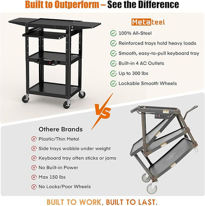 All-Steel Rolling AV Cart with Adjustable Height & Built-in Power – Heavy-Duty Media Workstation with Drop-Leaf Shelves & Wheels for Projectors, Laptops, Printers – Classroom, Office & Studio, Black