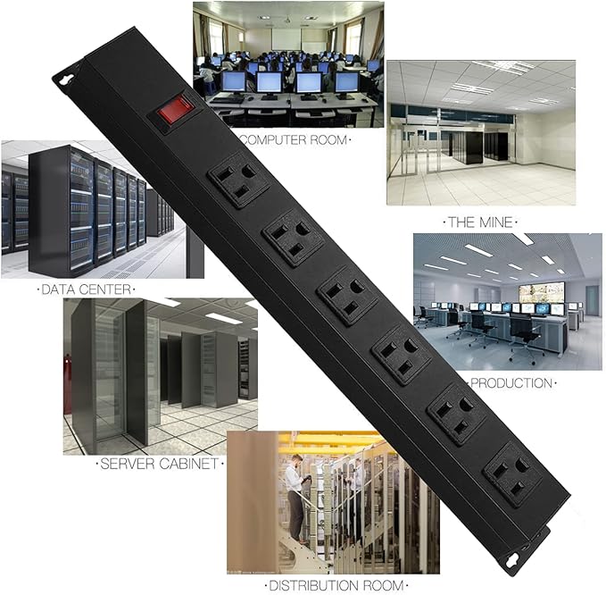 Metal Wall Mount Power Strip, Mountable Power Outlet with 6 AC Outlets, Aluminum Alloy Mount Power Socket with Switch, 3 FT SJT 3/C 14AWG Power Cord, 15A 125V 1875W (6AC) Black