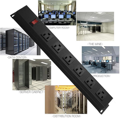 Metal Wall Mount Power Strip, Mountable Power Outlet with 6 AC Outlets, Aluminum Alloy Mount Power Socket with Switch, 3 FT SJT 3/C 14AWG Power Cord, 15A 125V 1875W (6AC) Black