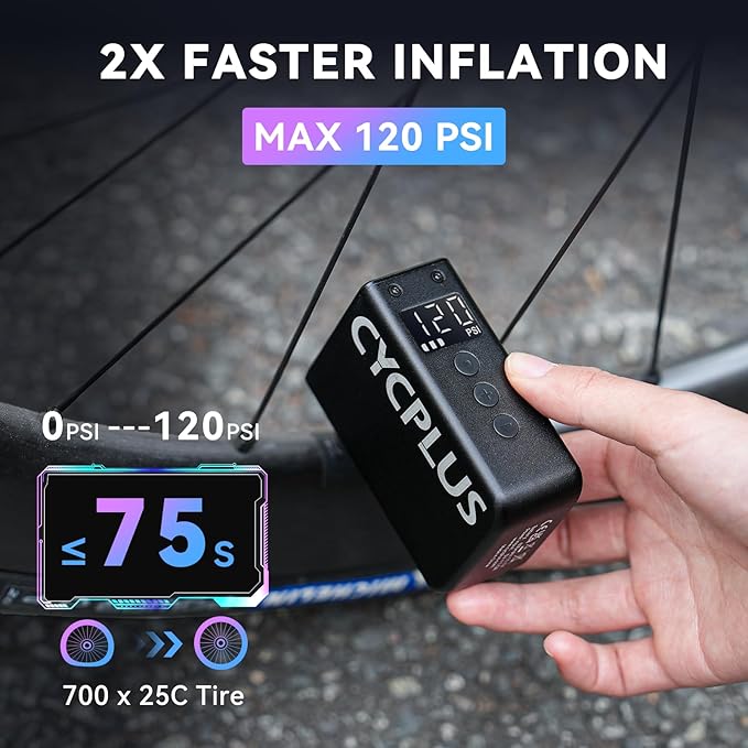 CYCPLUS AS2 Pro Max Tiny Pump Mini with Gauge, Max 120 PSI Cordless Bicycle Air Pump, Auto Stop, with Presta and Schrader Valve for Car, Motorcycle, Bike and Ball (2025 Updated Version)