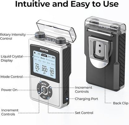 AUVON Rechargeable Digital TENS Unit Muscle Stimulator with 600 mAh Battery, TENS Machine with 8 Customizable Modes, Electric Massager for Shoulder, Back Pain Relief, 6 TENS Pads, A Carry Case