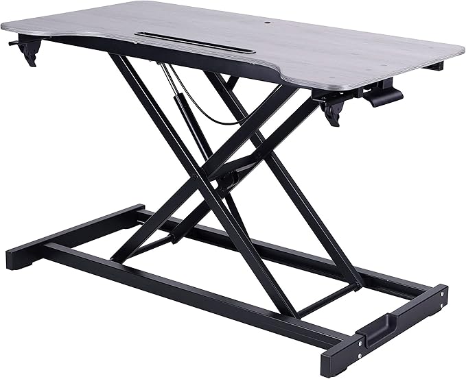 Rocelco Standing Desk Converter and Floor Mat - 31.5 Inch Sit Stand Up Dual Monitor Tabletop Riser with Tablet Mount, Height Adjustable Workstation - Deep Keyboard Tray - Gray (R VADRG-MAFM)