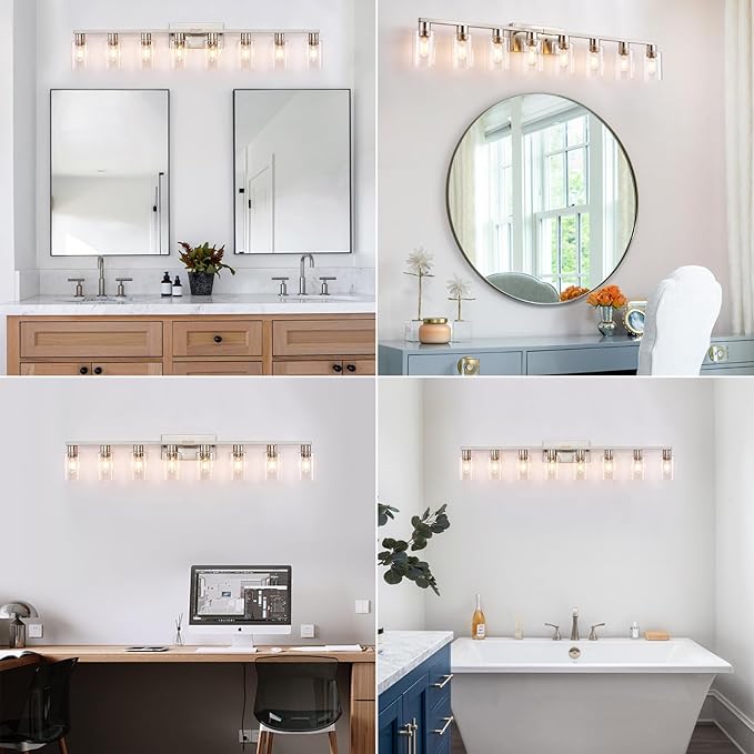 8 Light Bathroom Vanity Light, Large Brushed Nickel Vanity Lights Fixtures, Bathroom Lighting Fixture Over Mirror with Clear Glass Shade for Mirror, Bedroom, Living Room, Wall Lamp