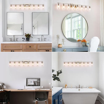 8 Light Bathroom Vanity Light, Large Brushed Nickel Vanity Lights Fixtures, Bathroom Lighting Fixture Over Mirror with Clear Glass Shade for Mirror, Bedroom, Living Room, Wall Lamp