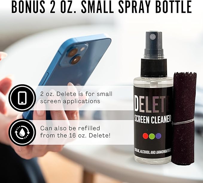 Delete Screen Cleaner Spray Kit, 2 Pack, 16oz and 2oz Bottle and 12"x12" Microfiber Cleaning Cloth, Streak-Free, Safe and Gentle Formula, Multi-Purpose for TVs, Computers, Monitors, Smart Phones
