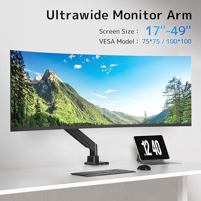PUTORSEN 17-49 Inch Ultrawide Monitor Arm, up to 20KG, Heavy Duty Monitor Arm, Premium Aluminium Monitor Mount for Flat/Curved Monitor with VESA 75 * 75/100 * 100 mm, Gas Spring Monitor Desk Mount