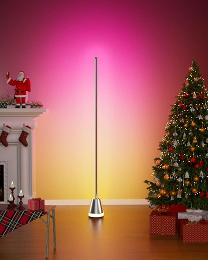 Keepsmile Smart RGB LED Corner Floor Lamp, Bright Standing Lamps for Living Room with APP and Remote,Modern Floor Lamp with Music Sync and 16 Million Colors, Ambient Light for Bedroom Silver