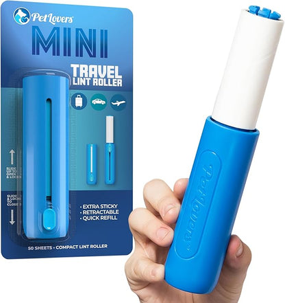 PetLovers Mini Lint Roller Travel Size 50 Sheets – Compact pet Hair Remover for Dog and cat Fur. Lightweight Design Ideal for Clothes Furniture and car. Perfect for Quick and Easy on The go Cleaning