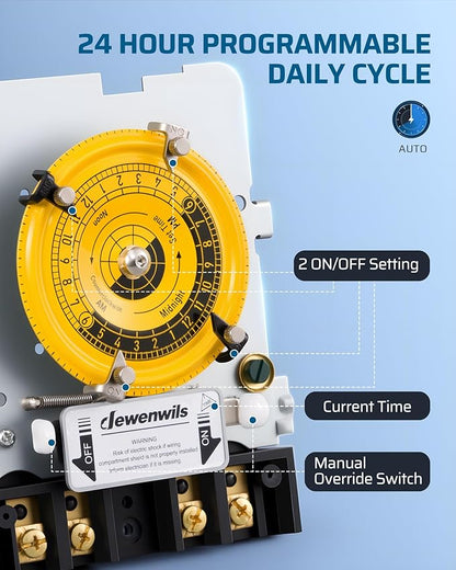 DEWENWILS 24-Hour Mechanical Timer Switch - 208-277VAC DPST, 5HP 40A, Metal Enclosure, Heavy Duty, Manual Override, Ideal for Pool Pump, Water Heater, Lights and Fans, Weatherproof, ETL Listed, Gray