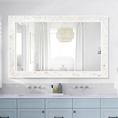 Tanmicoshomy 30 x 48 Inch White Bathroom Mirror, Natural Shell Framed Rectangular Mirrors for Bedroom, Living Room or Entryway, Wall Mounted Horizontal or Vertical Hanging