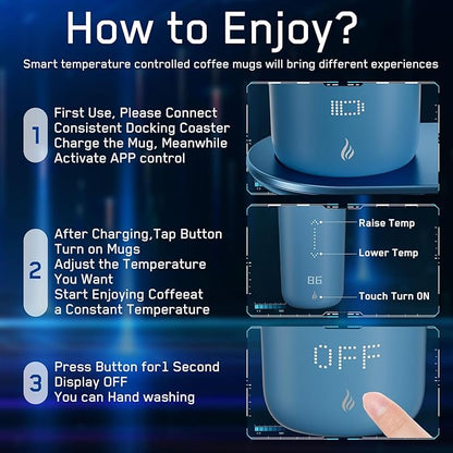 Temperature Control Heated Coffee Mug Smart Self Heating Travel Mug 12 Oz App Controlled Warmer Mug 4-10 Hour LED Display Keep Coffee Hot Fast Wireless Charger Base Lake Blue