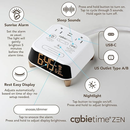 Brandstand CubieTime Zen | Alarm Clock Charger with White Noise and Sunrise Alarm | 2 USB-C Ports | 2 Tamper Resistant Outlets | Night Light