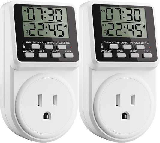 Techbee Indoor Digital Infinite Repeat Cycle Intermittent Outlet Timer Plug 24 Hour Programmable Timed Electrical Power Switch with Countdown Delay on Off Function for Lights and Appliances (2 Pack)