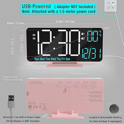 KOSUMOSU Clock for Bedroom, 6.7in Digital Alarm Clock, Auto Dimming, Room Temperature, Day of The Week, Seconds, Date, Alarm Clocks for Bedrooms, Digital Clocks for Living Room