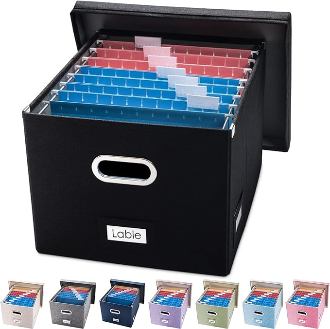 PRANDOM File Organizer Box - Set of 1 Collapsible Decorative Linen Filing Storage Hanging File Folders with Lids Office Cabinet Letter/Legal Size Black (17x14x11.2 inch)