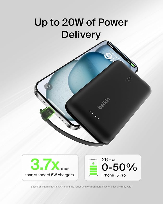 Belkin Portable Charger, Power Bank 10000 mAh w/Integrated Cable - 20W Fast Charge USB-C Power Delivery, iPhone Charger - Apple iPhone 17, Air, Pro, Pro Max, iPad, Samsung Galaxy S25, & More - Black