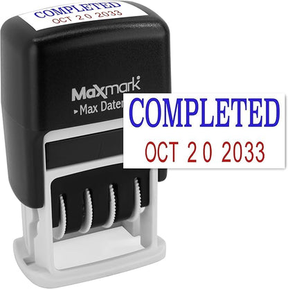 MaxMark Self-Inking Rubber Date Office Stamp with Completed Phrase Blue Ink & Date RED Ink (Max Dater II), 12-Year Band