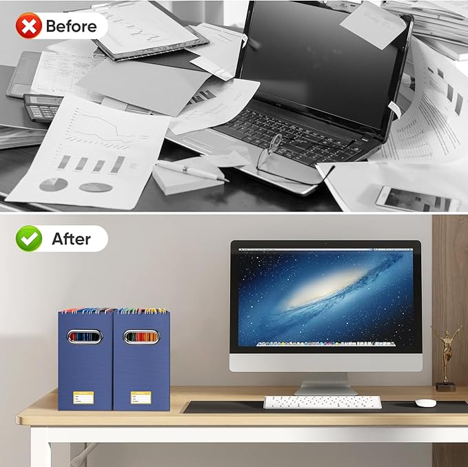 BALEINE File Organizer Box, Cardboard File Folder Organizer with Handle for Letter Size, Portable Collapsible Hanging Filing Box for Home Office Document Storage (4 Pack, Navy)