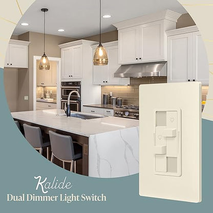 TOPGREENER Kalide Dual Load Dimmer Light Switch, Double LED Dimmer Switch, Full Range Dimming, Single Pole, 120VAC, 60Hz, 200W LED/CFL, Neutral Wire Not Required, TGDDS-LA, Light Almond