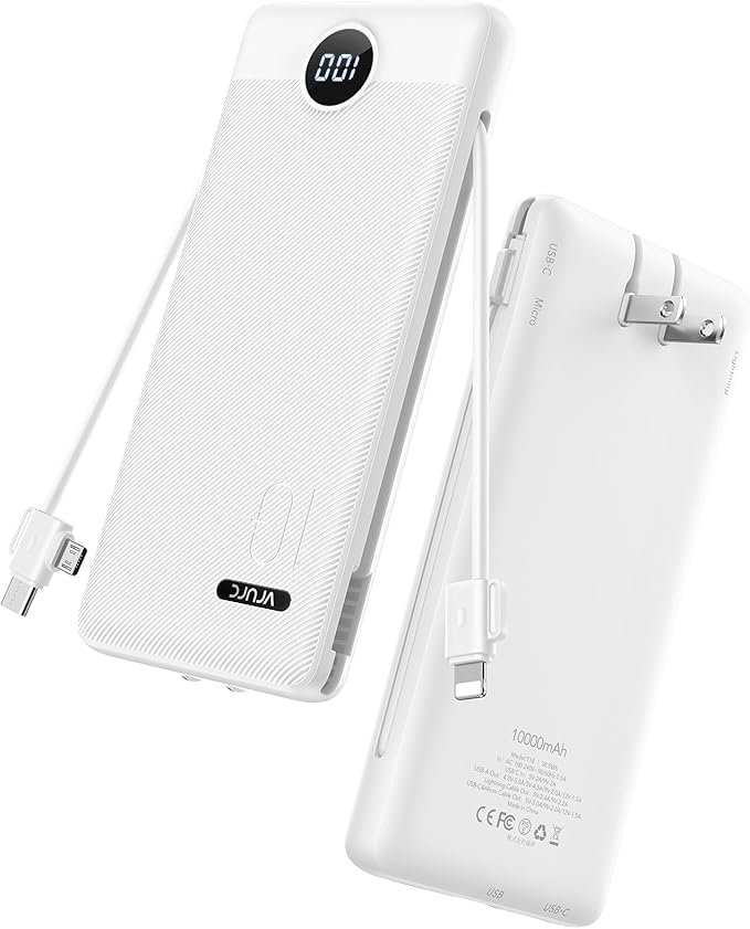 VRURC Portable Charger with Wall Plug, 10000mAh Slim Portable Charger Built in Cables,PD 20W Fast Charging Power Bank with Cords,USB C Portable Phone Charger Travel Accessories -White(1 Pack)