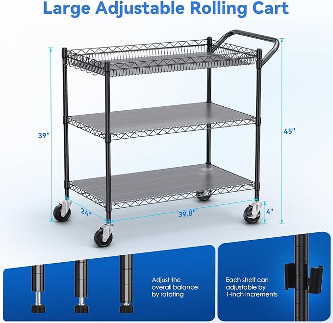 WDT 1350Lbs Capacity Heavy Duty Rolling Utility Cart, Large 3 Tier Rolling Carts with Wheels 24" Dx45 Wx39 H, NSF Commercial Grade Roll Metal Cart, Trolley Serving Cart for Garage, Kitchen, Warehouse