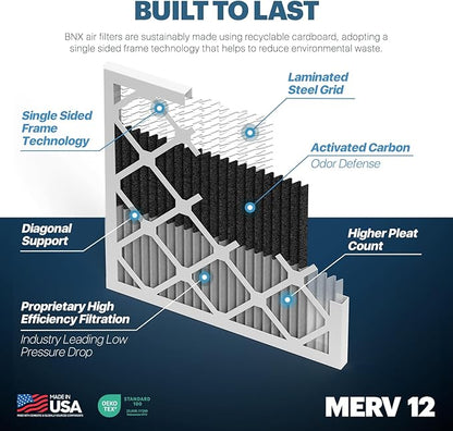 BNX TruFilter 18x18x1 MERV 12 Odor Defense (2-Pack) AC Furnace Air Filter with Activated Carbon - MADE IN USA - Pleated Air Conditioner HVAC AC Furnace Filters - Removes Odor, Mold, Bacteria, Smoke