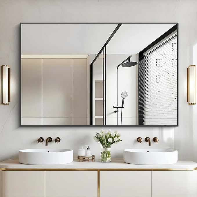 Bathroom Black Mirror, 36x55in Black Rectangle Mirror with Thin Metal Frame, Large Rectangular Wall Mirror for Bathroom, Living Room, Hair Salon, Big Farmhouse Mirror Hang Horizontal/Vertical