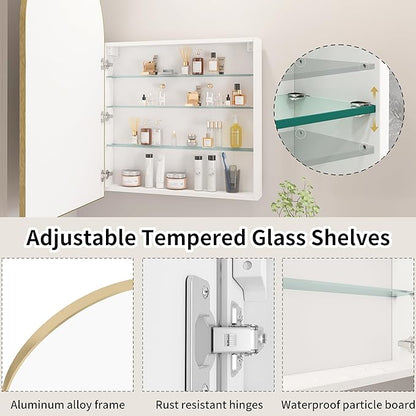 Gold Medicine Cabinet with Mirror,Bathroom Arched Medicine Cabinet Wall Mounted,Modern Vanity Mirror with Storage,Bathroom Storage Cabinet with Adjustable Shelves,Not Recessed,24x36 Inch