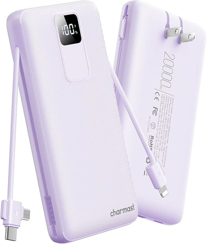 charmast 20000mAh Portable Charger with Built-in Cables & Wall Plug, 20W USB C Power Bank, Fast Charging Battery Pack Travel Essentials Compatible with iPhone 16/15/14 Series, Samsung, Google, iPad