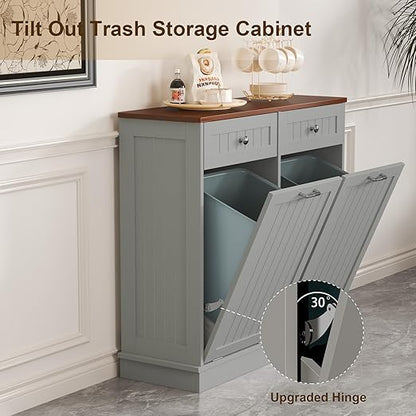 Tilt Out Trash Can Cabinet with Double Hidden Can Holder, Kitchen Free Standing Recycling Cabinet, Dog Proof, Wood, Gray