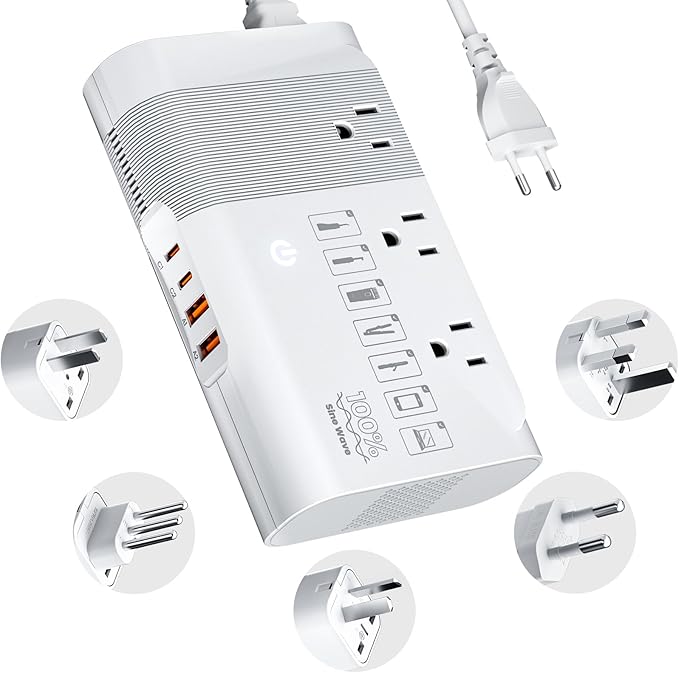 DOACE 220v to 110v Voltage Converter for European Travel: Max 500W Pure Sine Wave Voltage Converter US to Europe - 220 to 110 International Power Adapter Plug Combo Step Down Transformer White