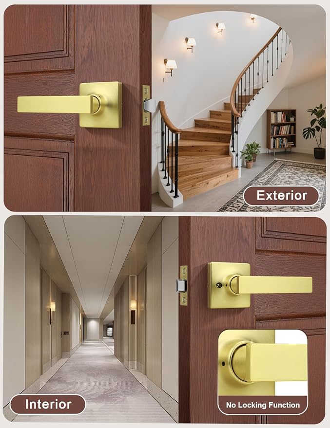 Mengico 8 Pack Passage Door Levers Gold Finish, No-Locking Keyless Square Door Knob, Interior Door Handles for Closet and Hallway, Reversible for Left & Right Handed