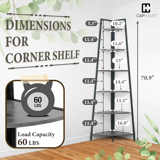 CAPHAUS Tall Corner Shelf Stand, 6-Tier Display Shelves, Ladder Corner Wood Storage Plant Bookshelf with Metal Frame, Versatile Shelving Unit Bookcase for Home Office Space, Dark Grey