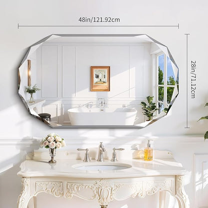 GLASHOM Beveled Edge Frameless Bathroom Mirror, Oval Wall Mirror for Over Sink, 28" x 48" Modern Decorative Vanity Mirror for Bedroom, Living Room, Entryway, Hanging Mirror Horizontal or Vertical