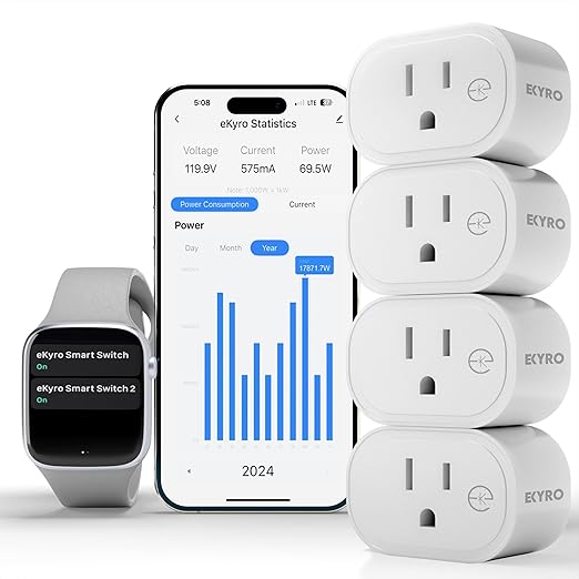 eKyro Smart Plug Energy Monitoring | Compatible with Alexa, Google Home Assistant, iPhone, Siri, Android, Power Tracking 15A 1800W, No Hub Required Energy Monitoring Outlet (Energy Monitoring, 4)