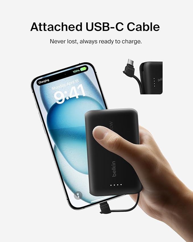 Belkin Portable Charger, Power Bank 10000 mAh w/Integrated Cable - 20W Fast Charge USB-C Power Delivery, iPhone Charger - Apple iPhone 17, Air, Pro, Pro Max, iPad, Samsung Galaxy S25, & More - Black