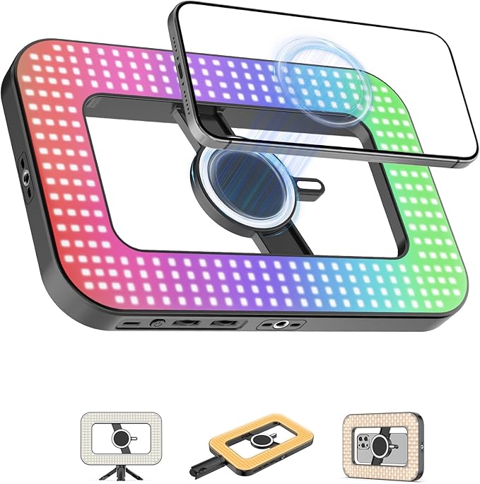 Magnetic 6000mAh RGB Selfie Ring Light for iPhone,448 LED Rechargeable Phone Light with Mini Tripod Stand, Double-Sided Magnet Handheld Stabilizer with Light for Magsafe/Phones/Video Recording/Photos