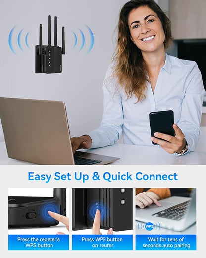 WiFi Extender Signal Booster, 1200Mbps WiFi Booster, Long Range up to 12880 Sq Ft, 105 Devices, 2.4/5GHz Internet Extender WiFi Booster with Ethernet Port(Black)