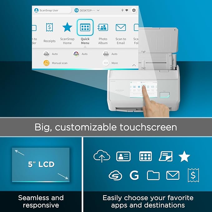 ScanSnap iX2500 Wireless or USB High-Speed Cloud Enabled Document, Photo & Receipt Scanner with Large 5" Touchscreen and 100 Page Auto Document Feeder for Mac or PC, White