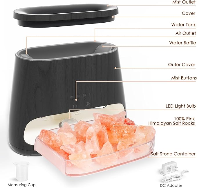 SALKING 2-in-1 Himalayan Salt Lamp & Ultrasonic Essential Oil Diffuser, Aromatherapy Diffuser Cool Mist Humidifier, Salt Therapy Lamp, Ambient Glow, 150ml (Black Wooden Grain)