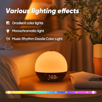Sunrise Alarm Clock, Sound Machine, Wood Grain Dimmable Night Light for Heavy Sleepers, White Noise Machine for Baby, Dual Alarm Function 30 Sleep Sounds, Wake Up Light with 17 Effects