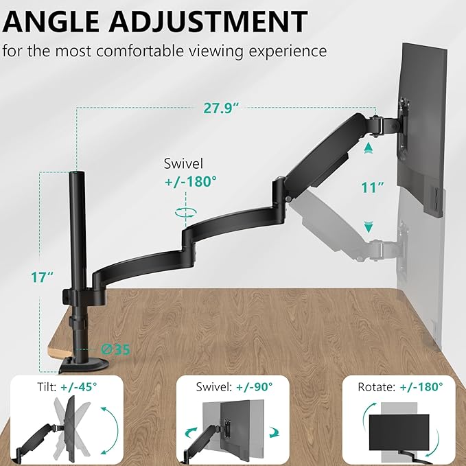 WALI Single Long Monitor Arm - 13 to 32 inch Computer Monitor Arm Desk Mount, Hold up to 19.8lbs, Extra Long Adjustable Stand, Full Motion Tall Arm, VESA 75/100mm, (GSDM001L)