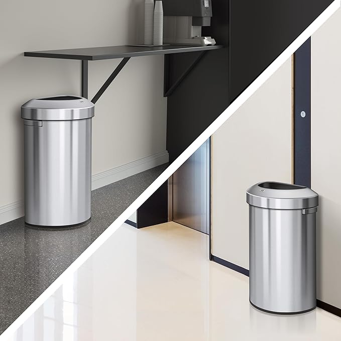 EKO Urban 16 Gallon Semi-Round Open Top Waste Bin, Stainless Steel Half Round Commercial Trash Can for Indoor and Outdoor, Extra Large Metal Garbage Bin for Home, Office, Restaurant, Restroom, 60L