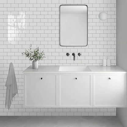 Vamos Tile 100-Piece Glossy Pure White Peel and Stick Backsplash Tile,3''x6'' PVC Subway Tile with Dark Gray Grout,Stick on Backsplash for Kitchen/Bathroom/Fireplace