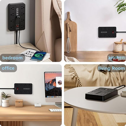15 Ft Long Extension Cord Power Strip Surge Protector, HUNIAN Flat Plug with 8 Widely Spaced Outlets 6 USB, Wall Mount Charging Station for Home and Office, Black