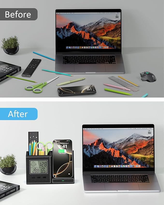 Multifunctional Pen Holder and Organizer for Desk with Wireless Charger, Digital Indoor Thermometer and Humidity Gauge, Home Office Organizers and Storage (Battery Included)