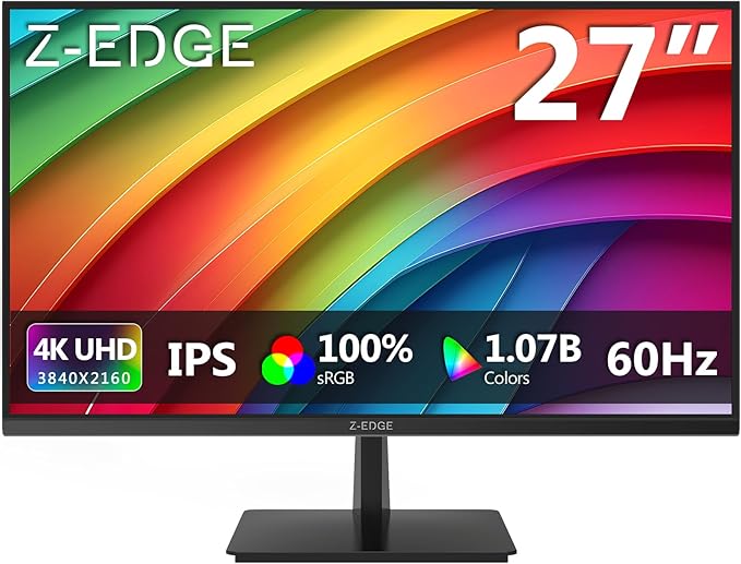 Z-Edge U27P4K 27-inch 4K Monitor IPS Ultra HD 3840x2160, 60Hz Refresh Rate, PC Monitor Gaming, 100% sRGB, HDMI x 2 and DP x 2