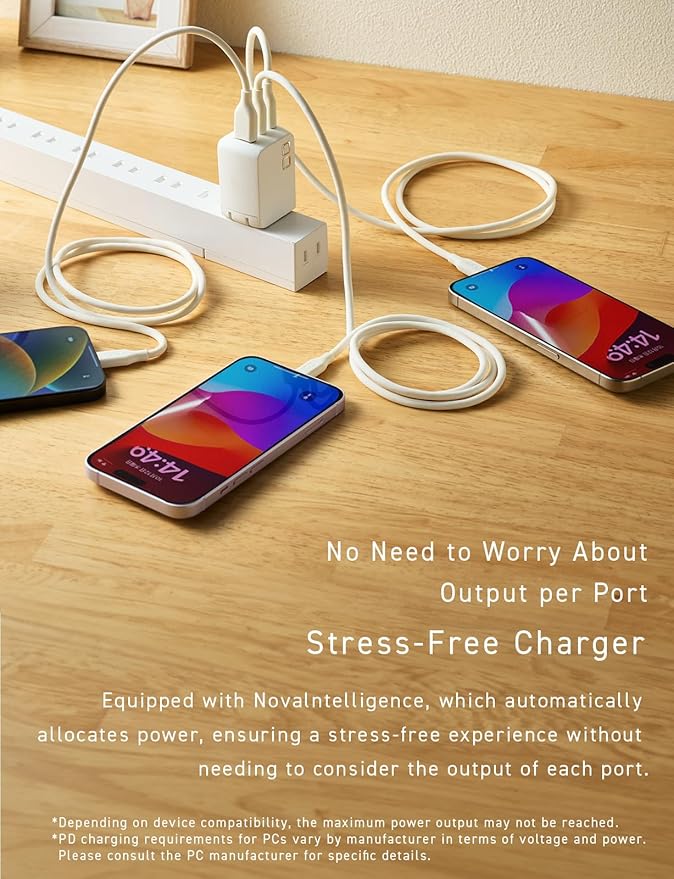 CIO 65W USB C Charger Block, Max 67W GaN Fast Charging Brick w/Dual Type-C Ports & Type-A, USBC Charger, Wall Adapter for Laptop/Phone/Tablet, Multi Travel Power Brick, NovaPort Trio II 2C1A (White)