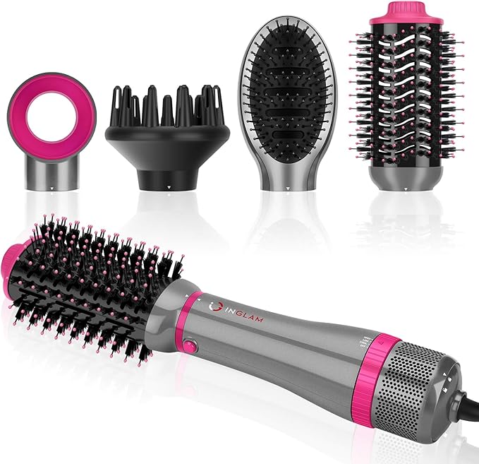 IG INGLAM 4 in 1 Blowout Brush, Negative Ion Detachable Hair Dryer & Styler Volumizer Hot Air Brush with 2 Styling Brush Heads, Silver